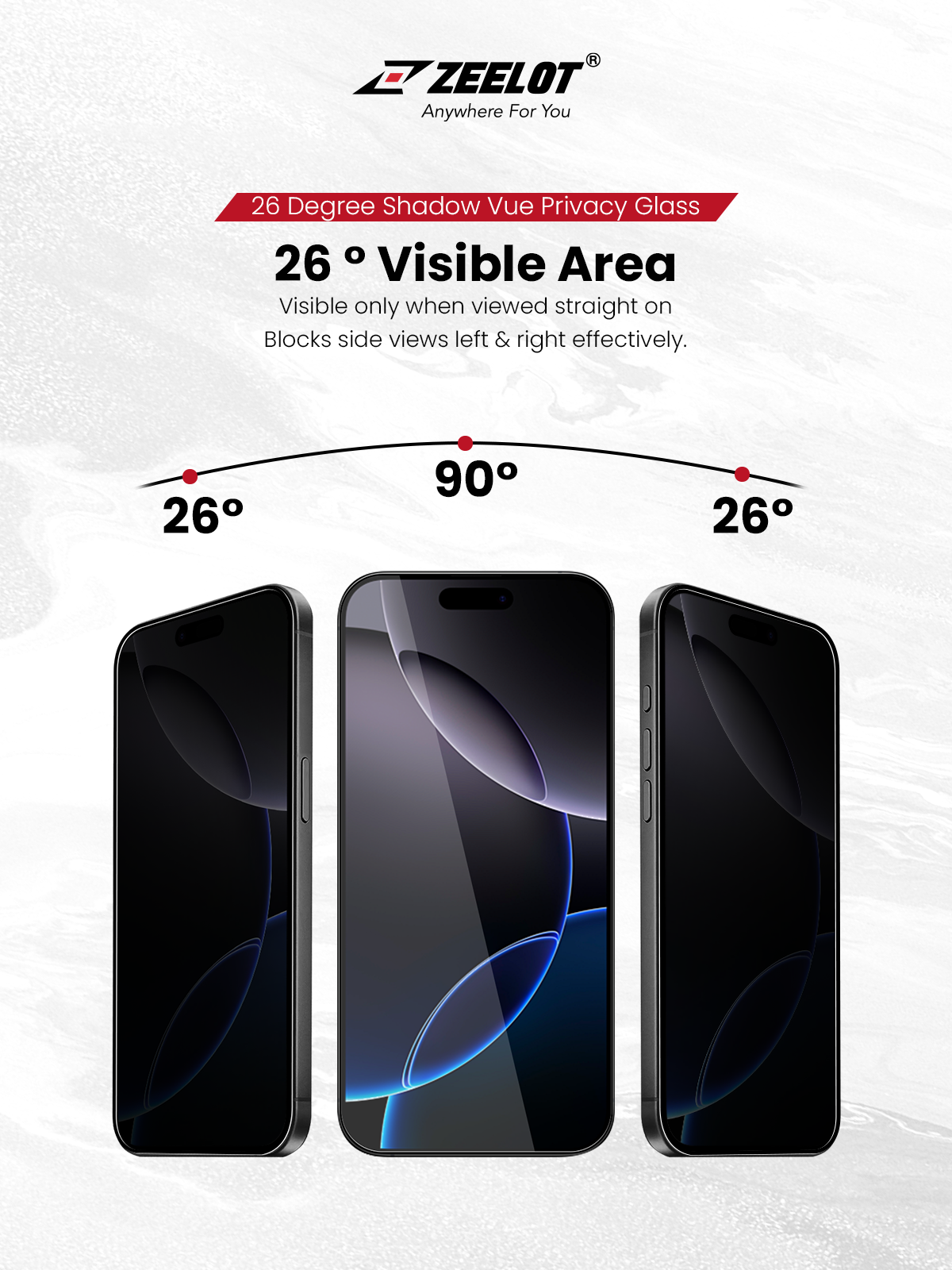 Zeelot Solidsleek 2.5D+ KK9 Supper Glass Protector 26 Degree Shadow Vue with Installation Kit for iPhone 18 Pro - Privacy
