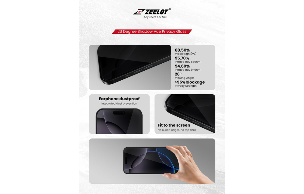 Zeelot Solidsleek 2.5D+ KK9 Supper Glass Protector 26 Degree Shadow Vue with Installation Kit for iPhone 18 Pro - Privacy