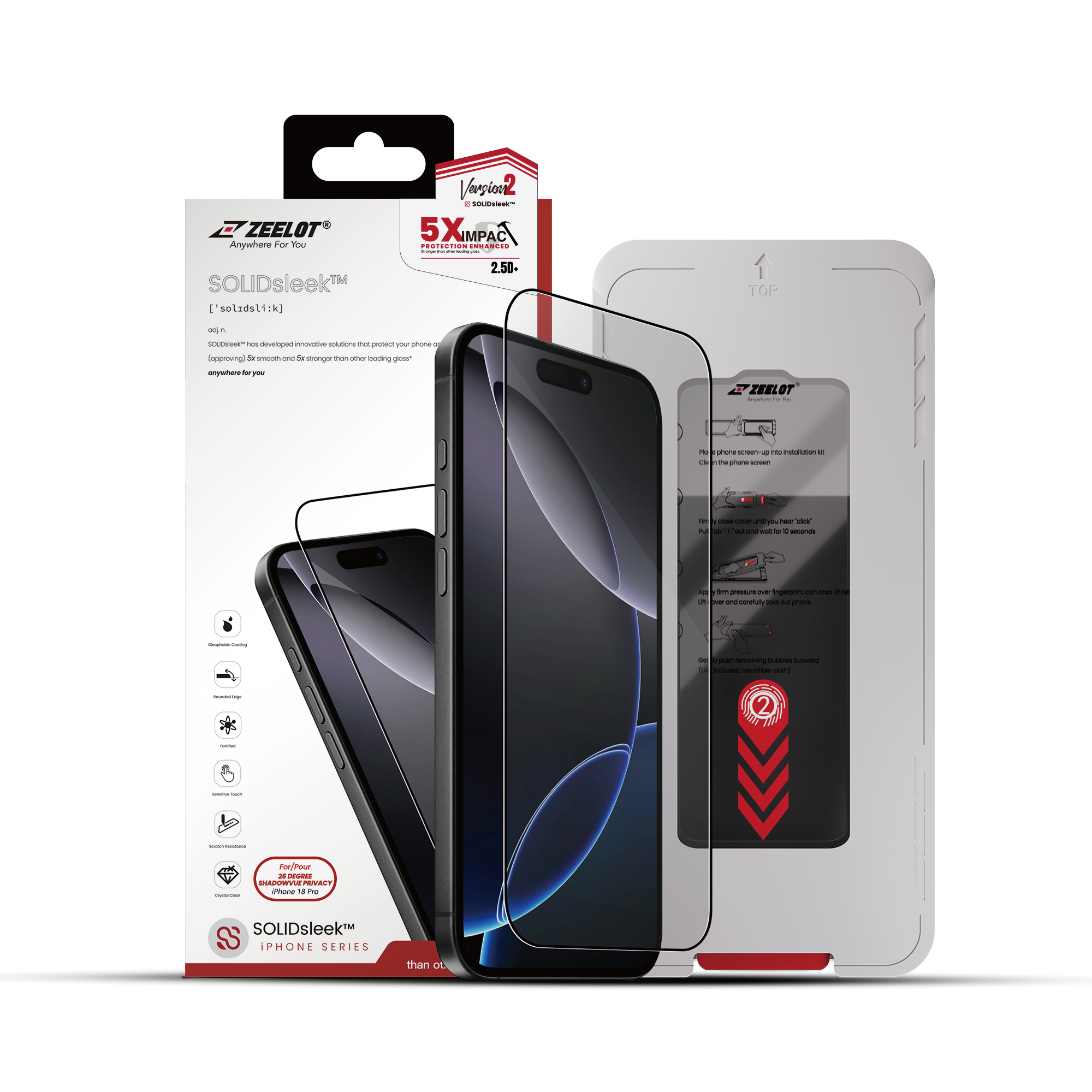 Zeelot Solidsleek 2.5D+ KK9 Supper Glass Protector 26 Degree Shadow Vue with Installation Kit for iPhone 18 Pro - Privacy