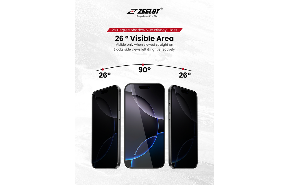 Zeelot Solidsleek 2.5D+ KK9 Supper Glass Protector 26 Degree Shadow Vue with Installation Kit for iPhone 18 Pro Max - Privacy