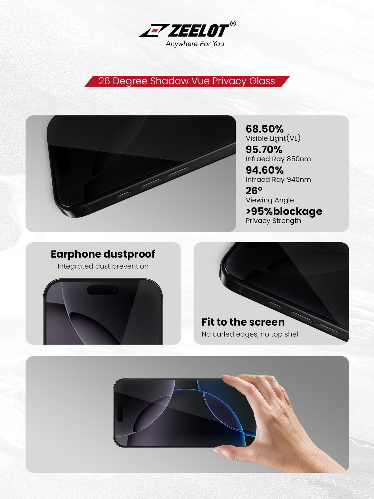 Zeelot Solidsleek 2.5D+ KK9 Supper Glass Protector 26 Degree Shadow Vue with Installation Kit for iPhone 18 Pro Max - Privacy