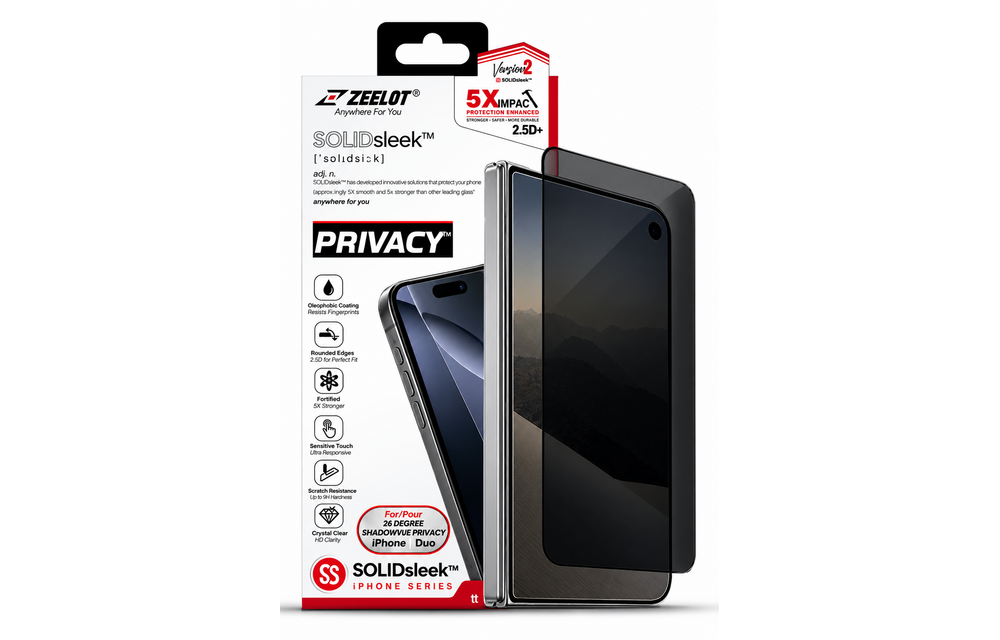 Zeelot Solidsleek 2.5D+ KK9 Supper Glass Protector 26 Degree Shadow Vue with Installation Kit for iPhone Duo - Privacy