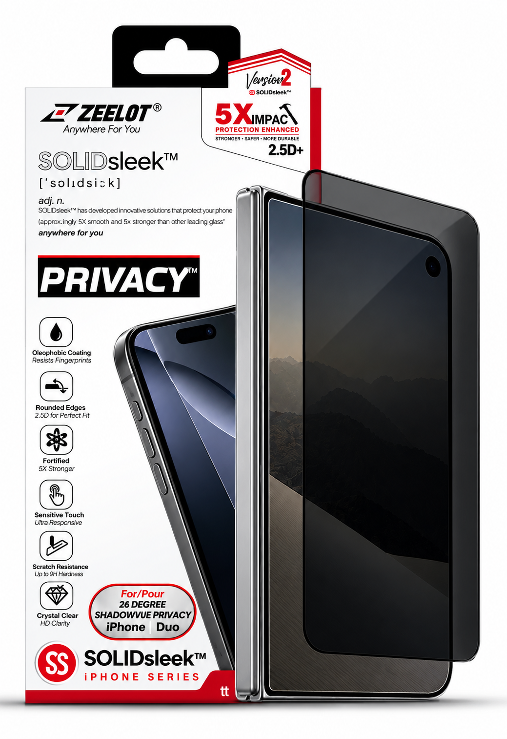 Zeelot Solidsleek 2.5D+ KK9 Supper Glass Protector 26 Degree Shadow Vue with Installation Kit for iPhone Duo - Privacy