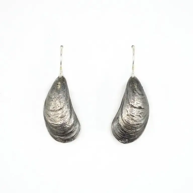 Morning Moon Mussel  Earrings - Oxidized Sterling Silver
