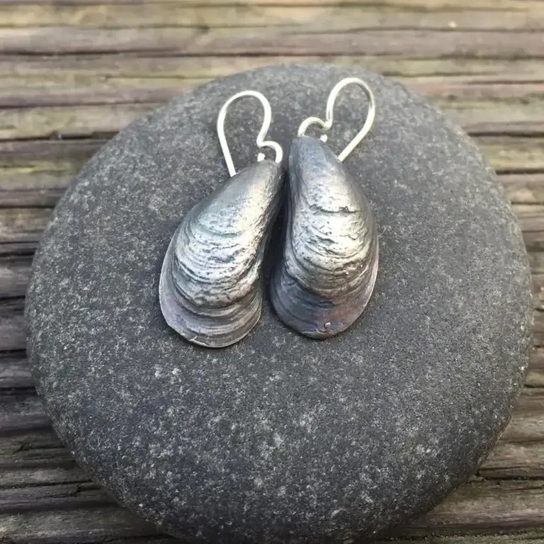 Morning Moon Mussel  Earrings - Oxidized Sterling Silver