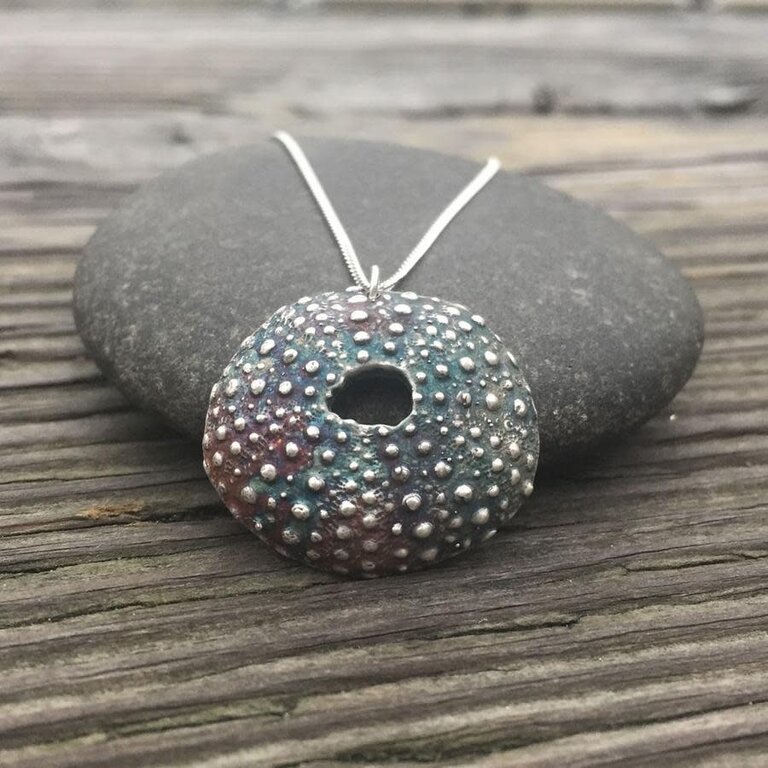 Morning Moon Sea Urchin Shell Pendant - Oxidized Sterling Silver