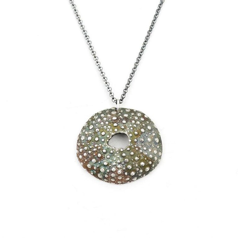 Morning Moon Sea Urchin Shell Pendant - Oxidized Sterling Silver