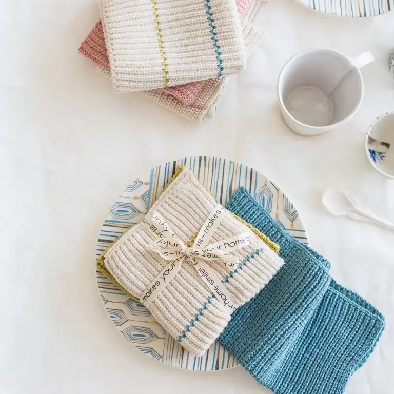 Funky Doris FD - Molly Knitted Cotton Dishcloth - Sea Blue Stripe S/2