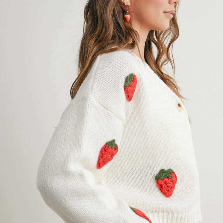 Buttermelon Buttermelon Embroidered Strawberry Cardigan
