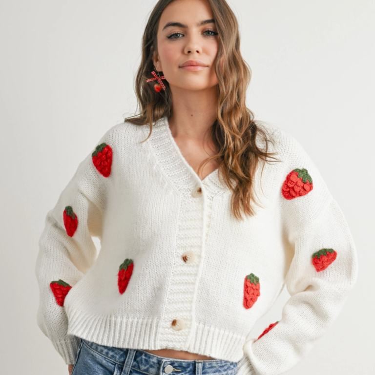 Buttermelon Buttermelon Embroidered Strawberry Cardigan