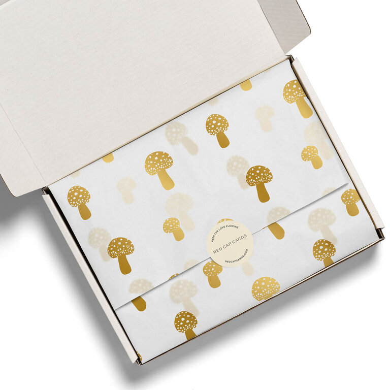 Red Cap Cards Red Cap Tissue Paper Pack (5pce) Tiny Gold Mushrooms