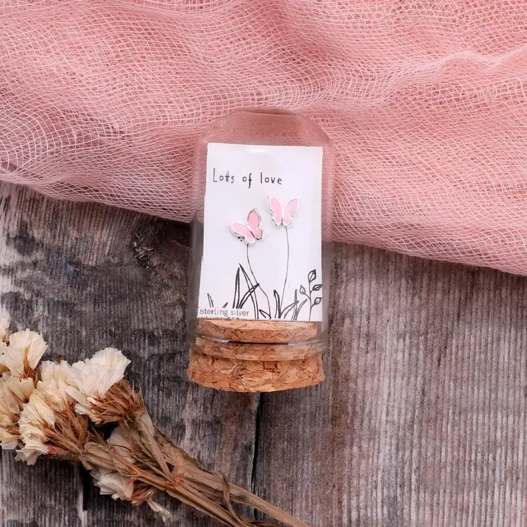 Attic Attic Lots of Love Pink Butterfly Studs Silver