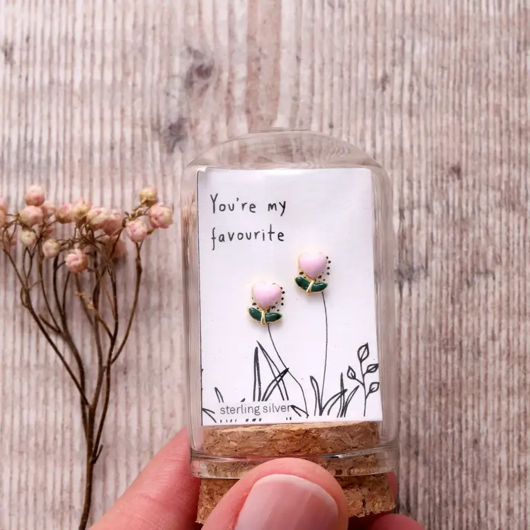 Attic Attic You're My Favourite Pink Heart Enamel Studs Silver