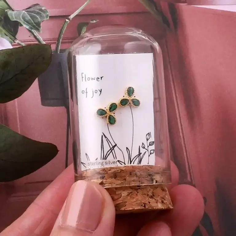 Attic Attic Flower of Joy Green Petal Gem Studs Gold