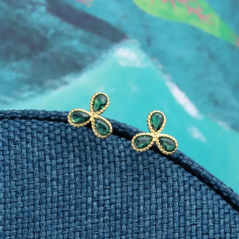 Attic Attic Flower of Joy Green Petal Gem Studs Gold