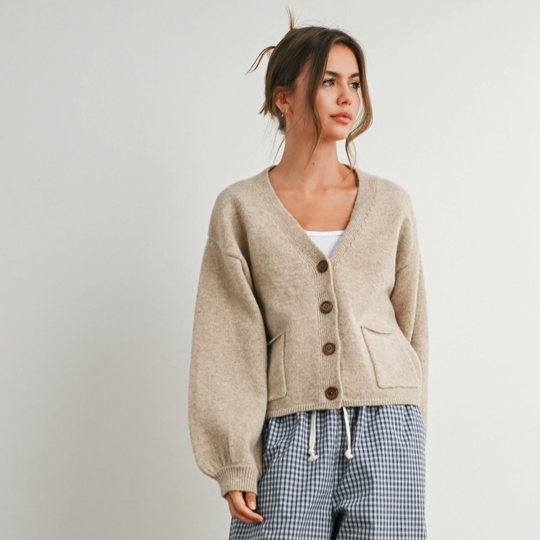 Buttermelon Buttermelon V Neck Cuffed Sleeve Cardigan Taupe