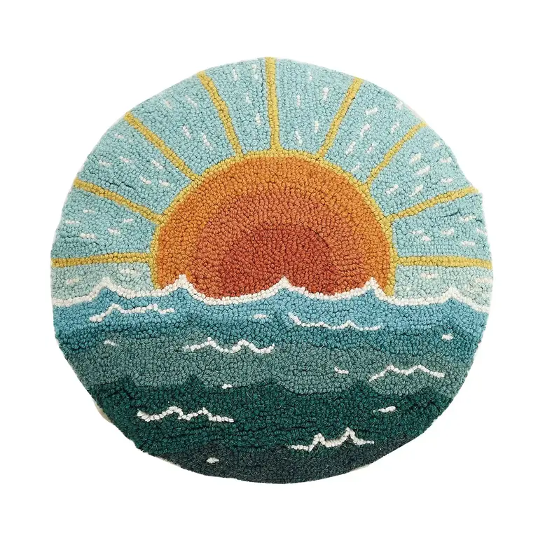 PK Handcraft Tufted Wool Sun Seascape Round Pillow 16" (w. Insert)