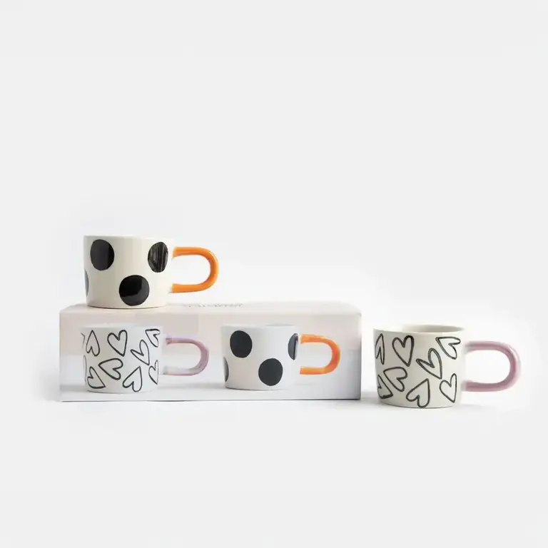 Caroline Gardner Caroline Gardner Mono Spots/Hearts Ceramic Espresso Cups S/2