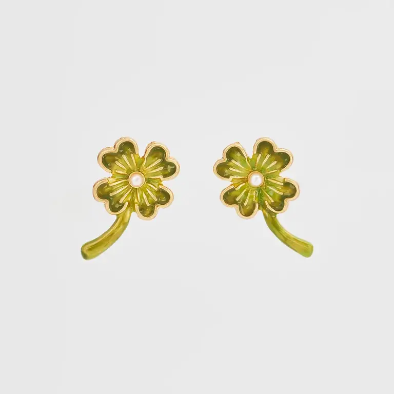 Fable England Fable Lucky Clover Pearl 24ct Gold Plated Studs