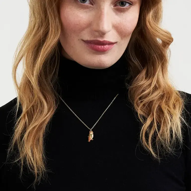 Fable England Fable Cozy Owl Enameled Gold Necklace