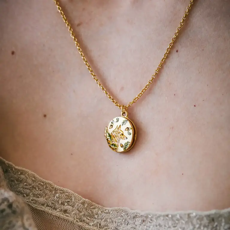 Fable England Fable Fox & Acorn Handpainted Locket Necklace