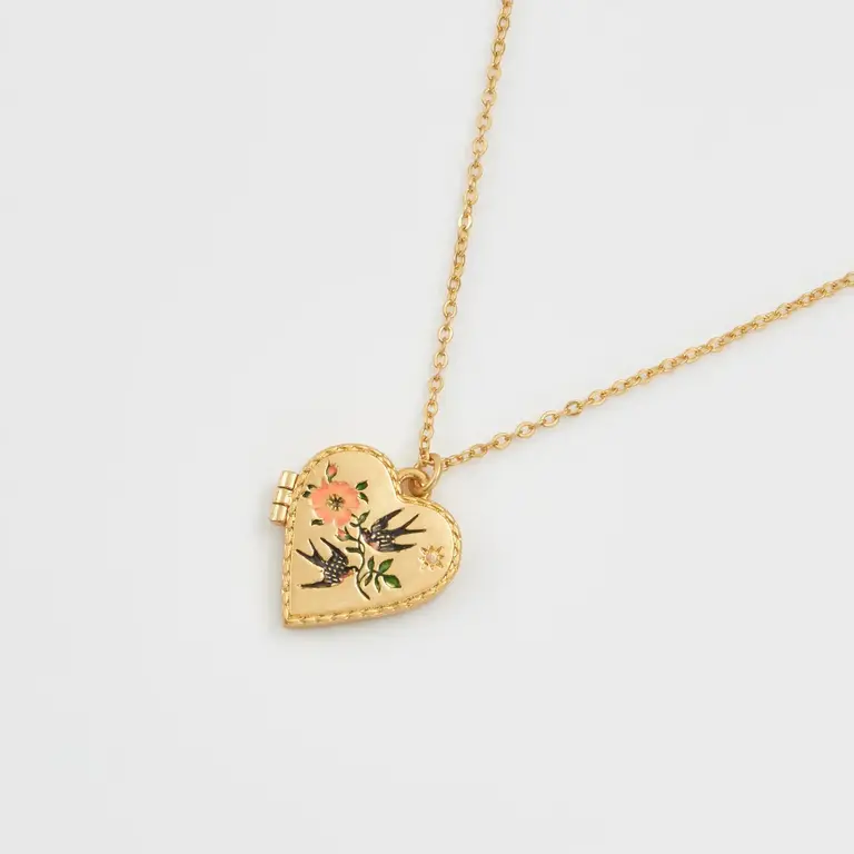 Fable England Fable Handpainted Swallow Heart Locket Necklace