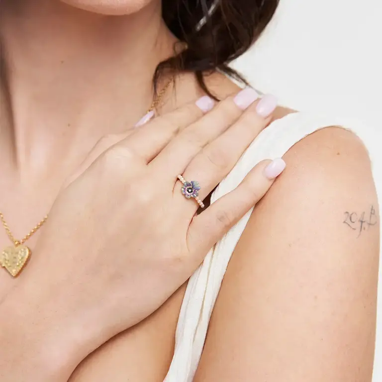 Fable England Fable Handpainted Enamel Pansy Pearl Ring