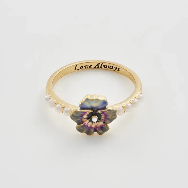 Fable England Fable Handpainted Enamel Pansy Pearl Ring