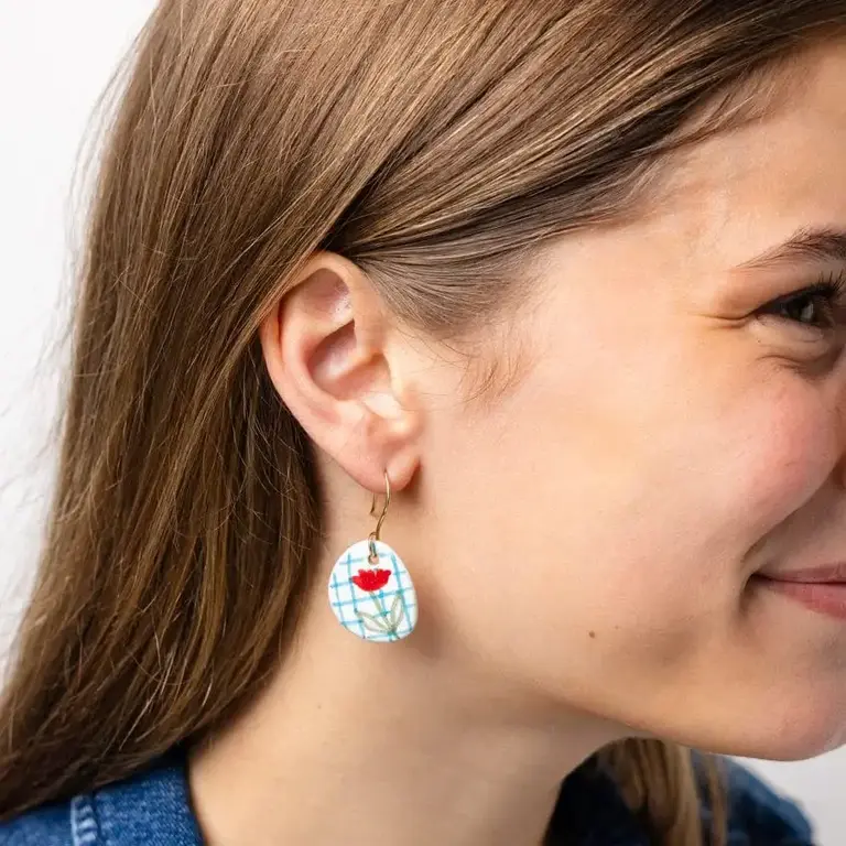 Ink + Alloy Ink + Alloy Danielle Round Ceramic Poppy Plaid Earrings