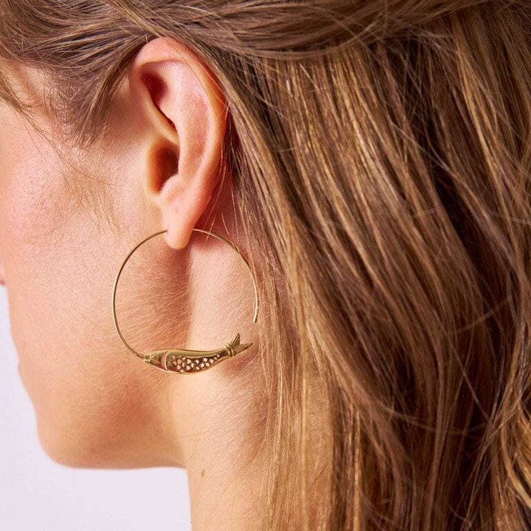 Ink + Alloy Ink + Alloy Wren Fish Hoop Earrings Brass