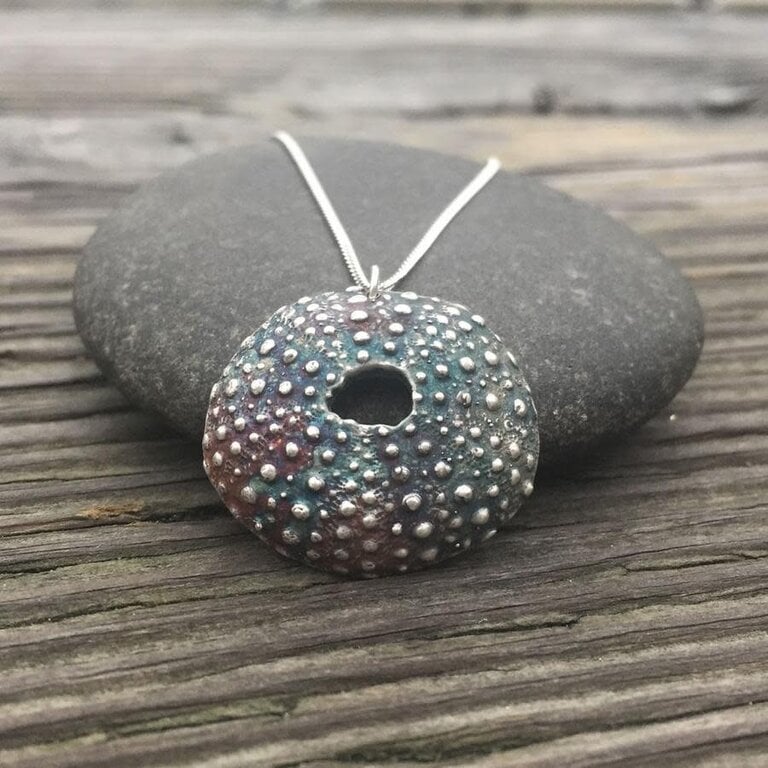 Morning Moon Sea Urchin Shell Pendant - Oxidized Sterling Silver