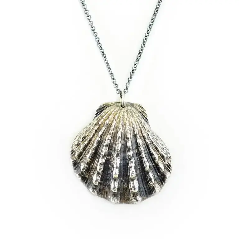 Morning Moon Sunrise Scallop Shell Pendant -(Large) Oxidized Sterling Silver