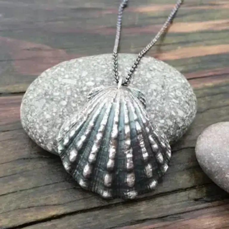 Morning Moon Sunrise Scallop Shell Pendant -(Large) Oxidized Sterling Silver