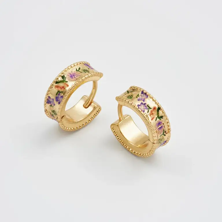 Fable England Fable Folksy Floral Huggie Earrings 22 ct Gold Plated