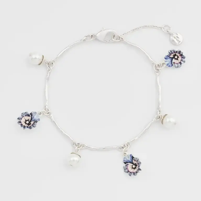 Fable England Fable Pansy Pearl Multi Silver Charm Bracelet