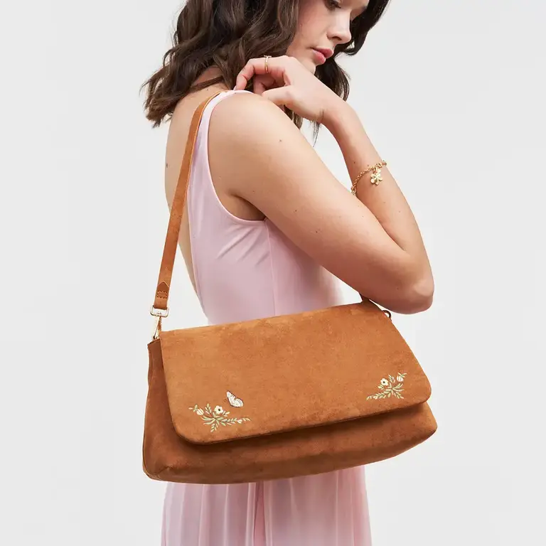Fable England Fable Floral Tan Faux Suede Embroidered Shoulder Bag