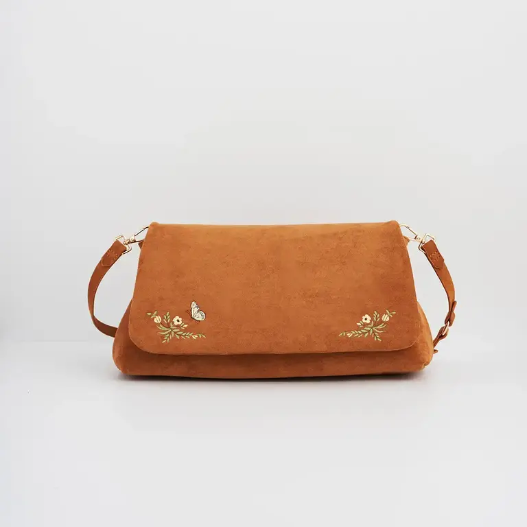 Fable England Fable Floral Tan Faux Suede Embroidered Shoulder Bag
