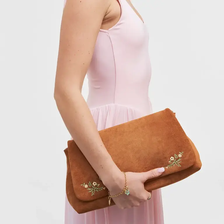 Fable England Fable Floral Tan Faux Suede Embroidered Shoulder Bag