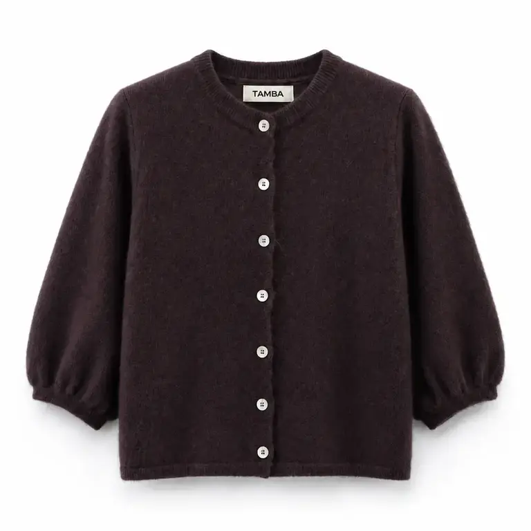 Tamba Tamba Angora Wool Puffed Sleeve Cardigan Coffee (O/S)