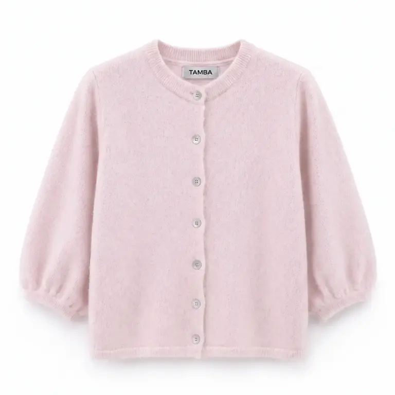 Tamba Tamba Angora Wool Puffed Sleeve Cardigan Pink (O/S)