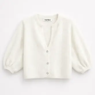 Tamba Tamba Angora Wool Puffed Sleeve Cardigan White (O/S)