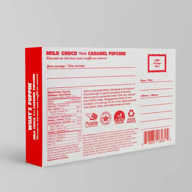 Postie Postie What's Popping' Milk Chocolate Popcorn Postcard Bar