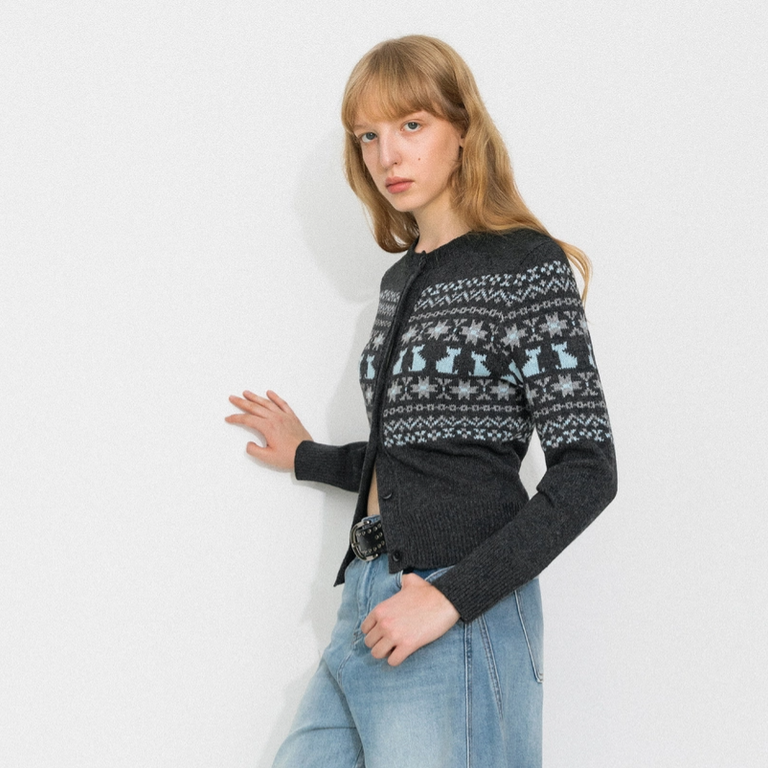 Cubic Cubic Fair Isle Cat Cardigan Grey