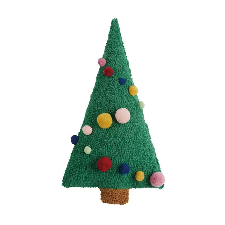 PK Handcraft Hooked Wool Pom Pom Tree Shaped Cushion 9x16"