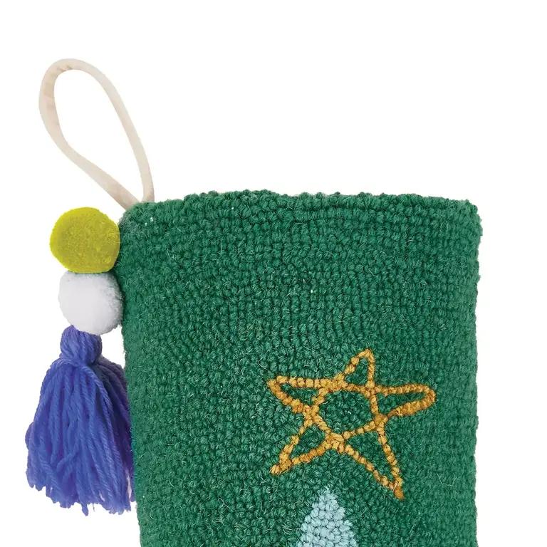 PK Handcraft Hooked Wool Christmas Tree Star Stocking 12x20"