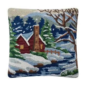 PK Handcraft Hooked Wool Snowy Cabin Cushion (w. Insert) 18"