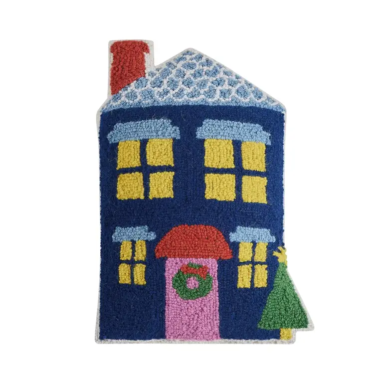 PK Handcraft Hooked Wool Blue Holiday House Cushion  18x12"