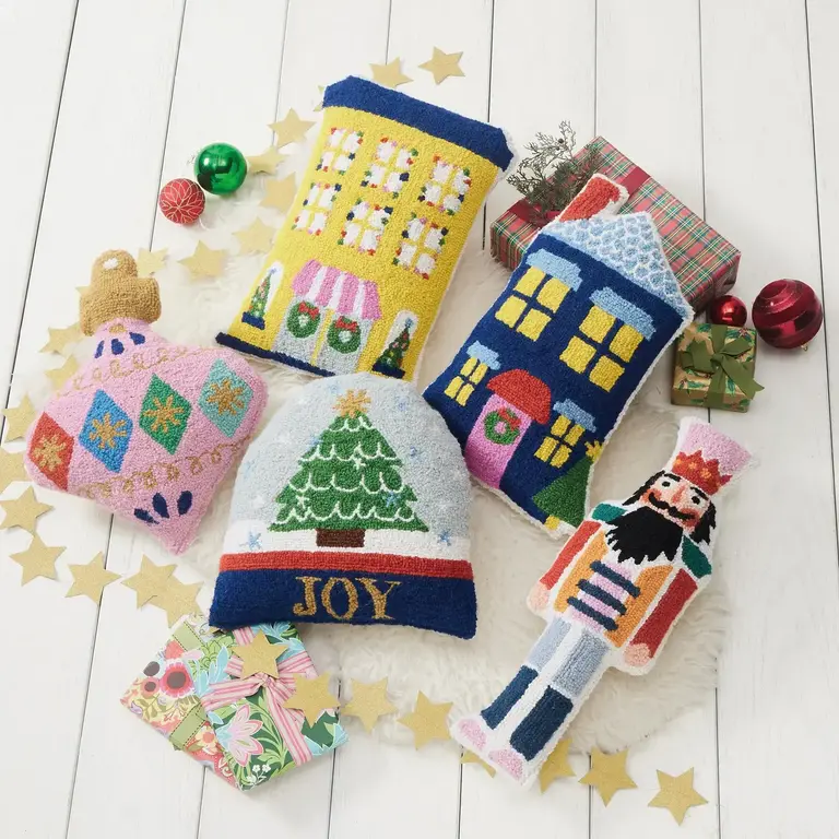 PK Handcraft Hooked Wool Blue Holiday House Cushion  18x12"