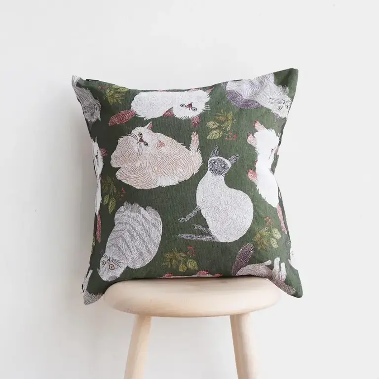 Hachi Japan Miyuki Matsuo Jacquard Cushion Cover Cats & Leaves 45cm