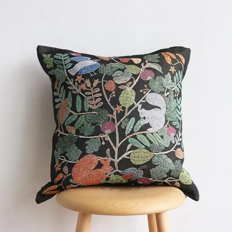 Hachi Japan Miyuki Matsuo Jacquard Cushion Cover Squirrels & Plants 45cm
